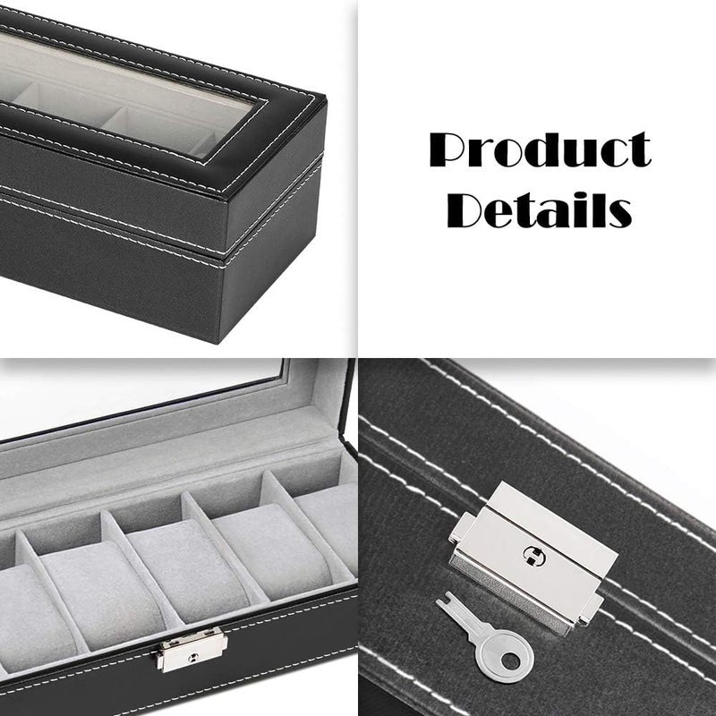 NEX 6 Slots Watch Box Organizer for Men, Black Watch Holder Stand Display Storage Case - Image 5
